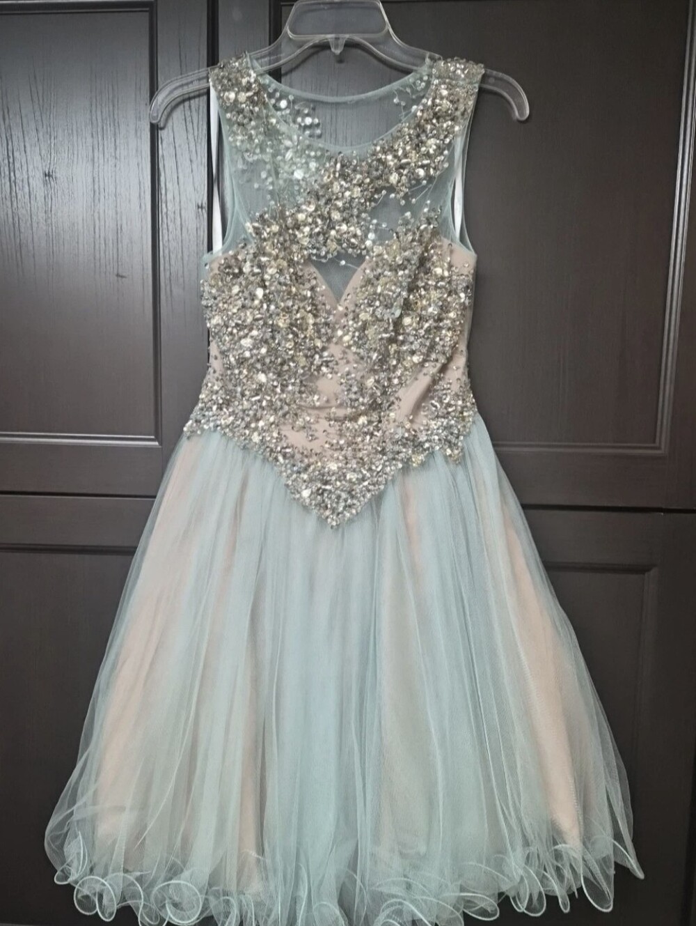 Terani Couture Mint & Nude Beaded Illusion Tulle Prom Dress